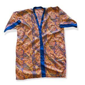 VTG 60s 70s Paisley Robe Orange Blue  Kimono Hippie One Size XS S M L no belt